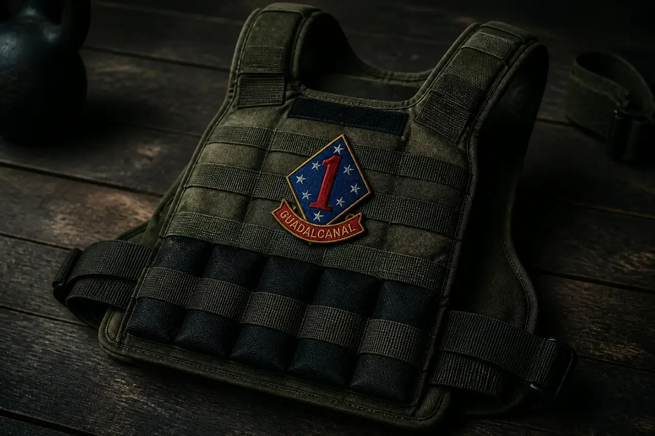 Weighted CrossFit training vest with an embroidered 1st Marine Division patch on dark wood