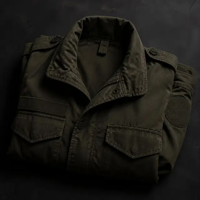 Folded olive drab military field jacket on a dark background