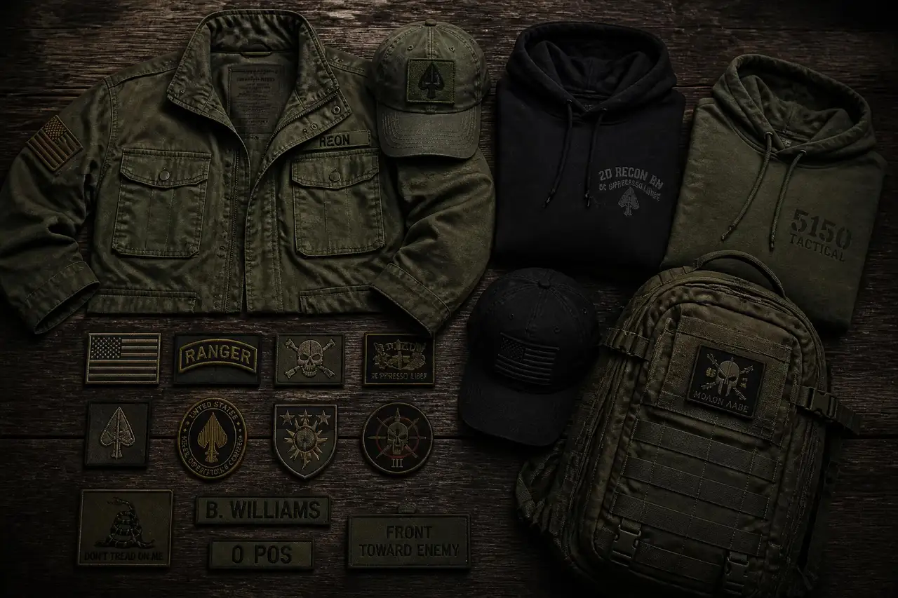 Field jacket, hoodies, caps, backpack and assorted embroidered unit patches on dark wood