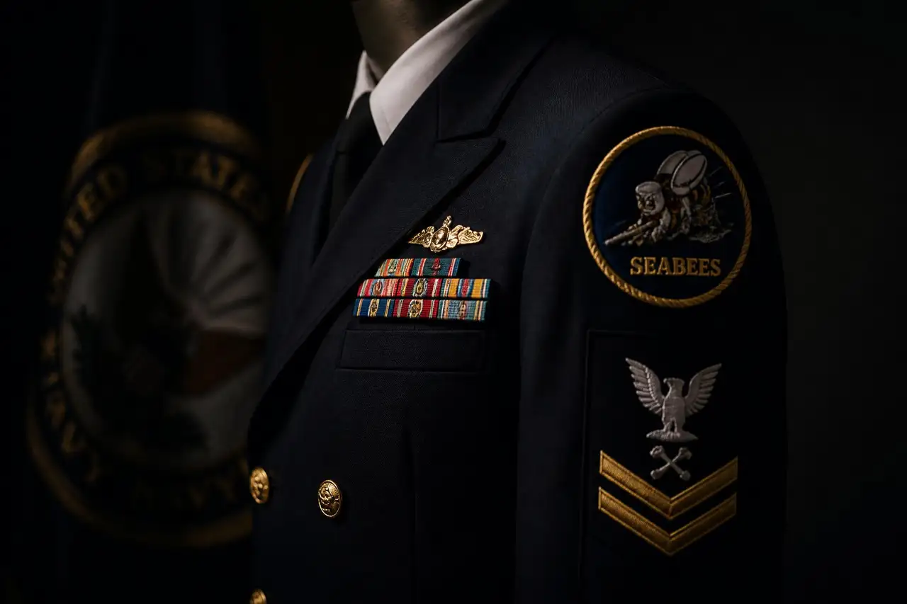 U.S. Navy dress uniform with an embroidered Navy Seabees patch